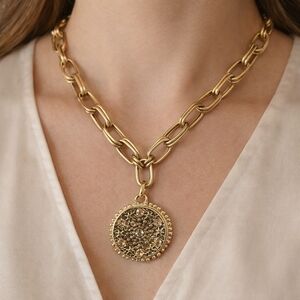 Chunky Champagne Gold Paperclip Necklace with Vintage Style Medallion Pendant